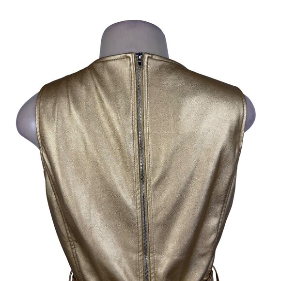 Fashion Collection Gold Faux Leather Sleeveless A-Line Midi Dress Belted Sz M - Picture 4 of 11